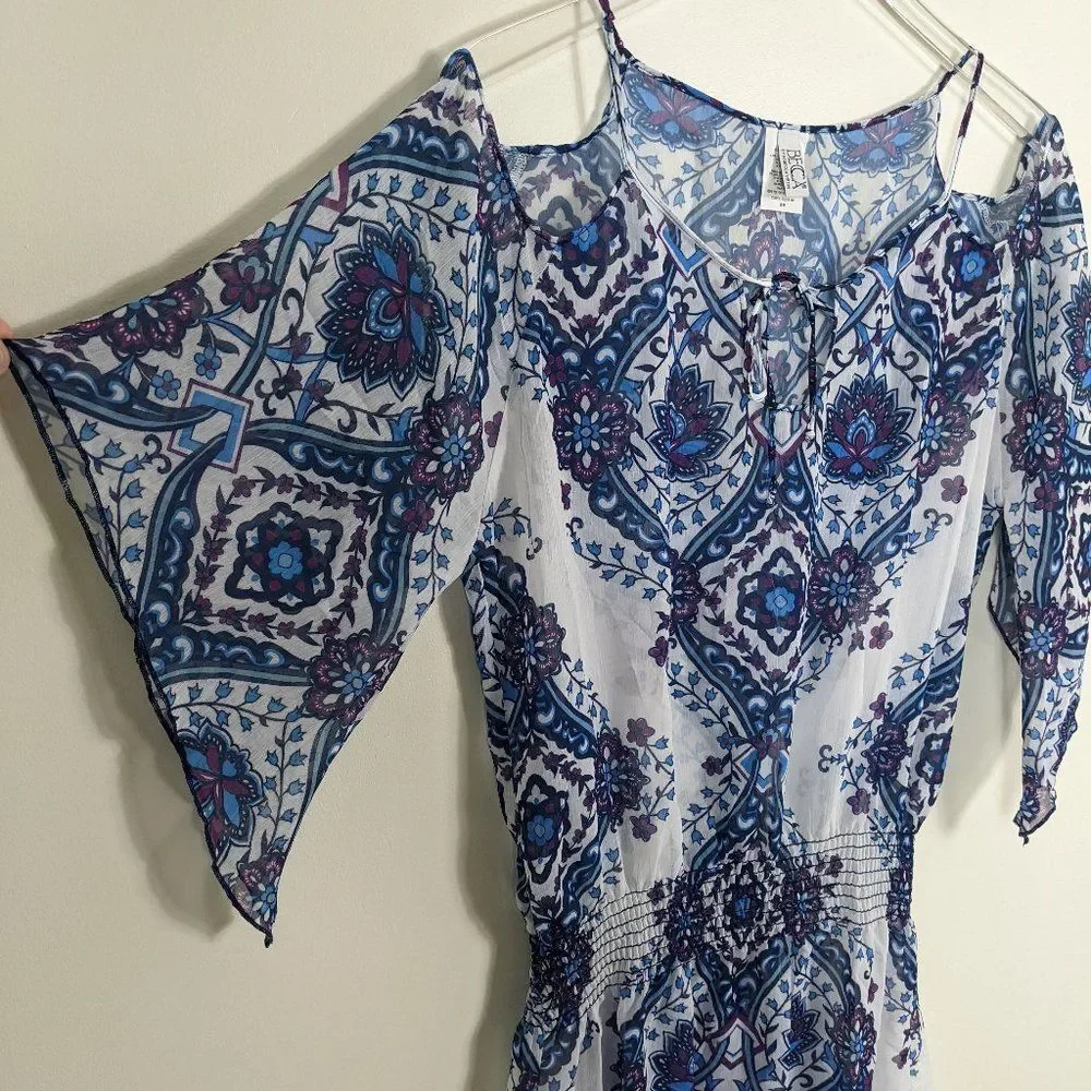 Becca by Rebecca Virtue Swimsuit Cover-Up Blue White Sheer Lotus Flower Medium